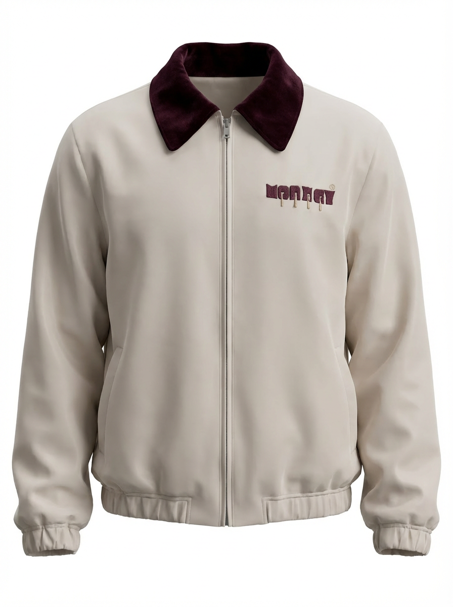 Burgundy Collar Bomber Jacket-Beige