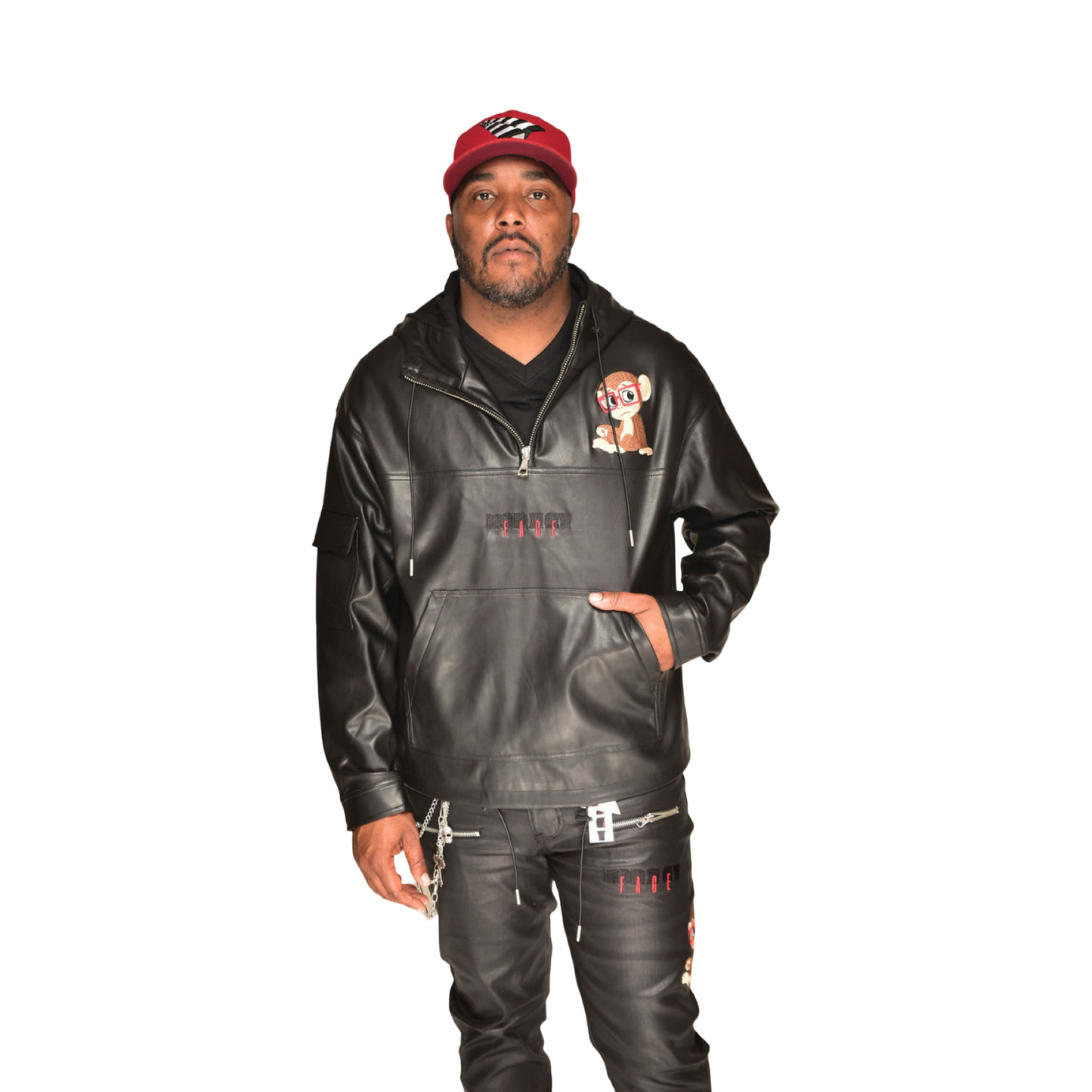 Faux Leather MonkeyFace Pullover Jacket Black Unisex