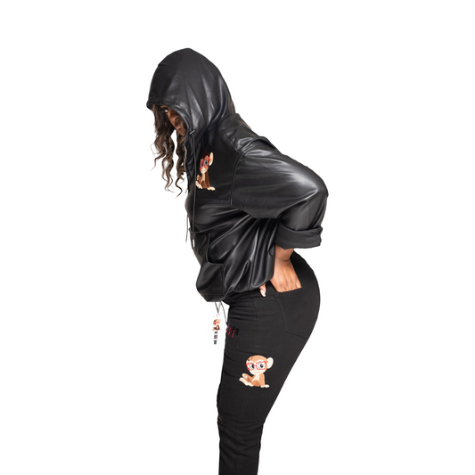 Faux Leather MonkeyFace Pullover Jacket Black Unisex