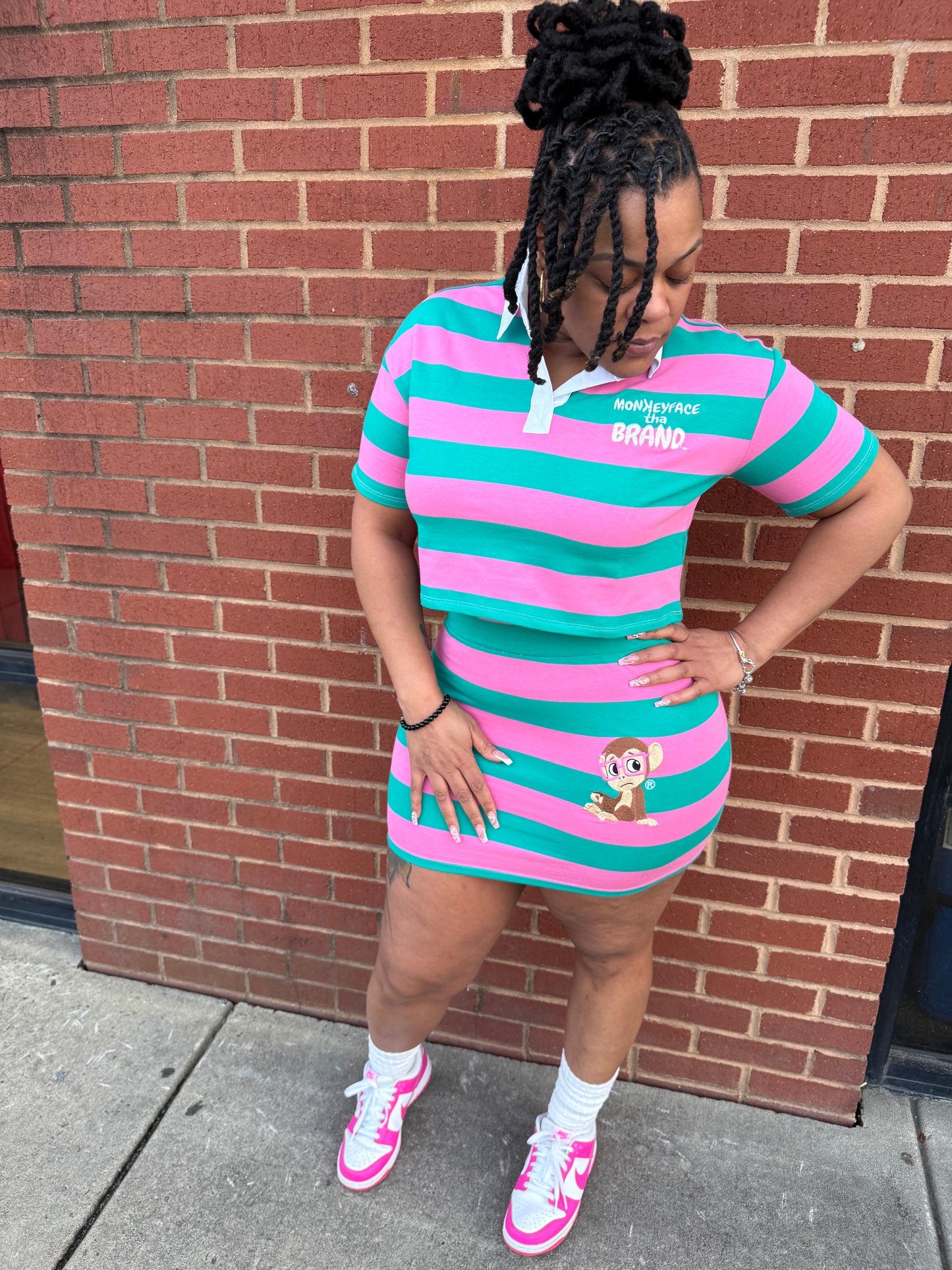 Striped Polo Style Skirt Set-Pink/Teal