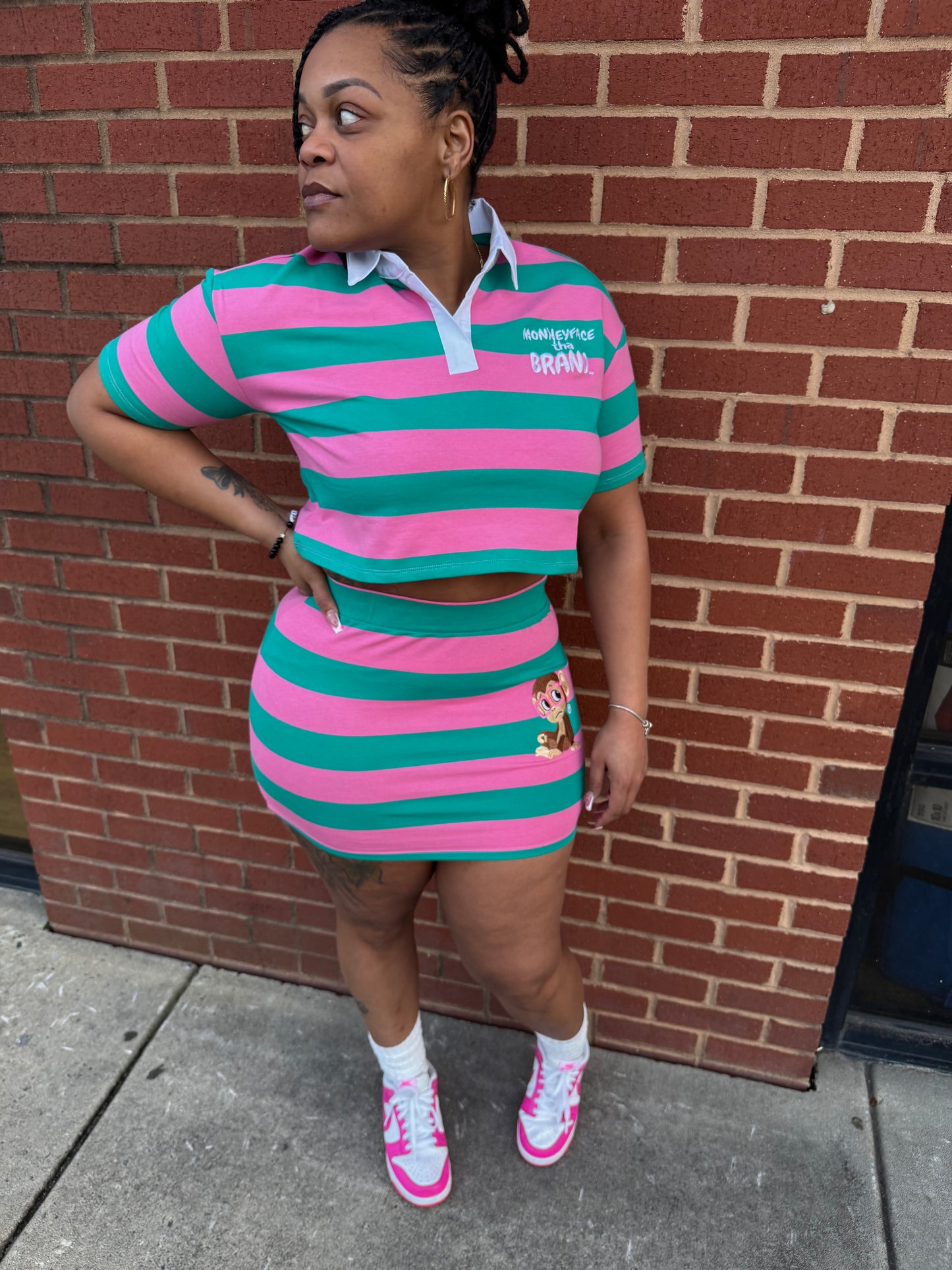 Striped Polo Style Skirt Set-Pink/Teal