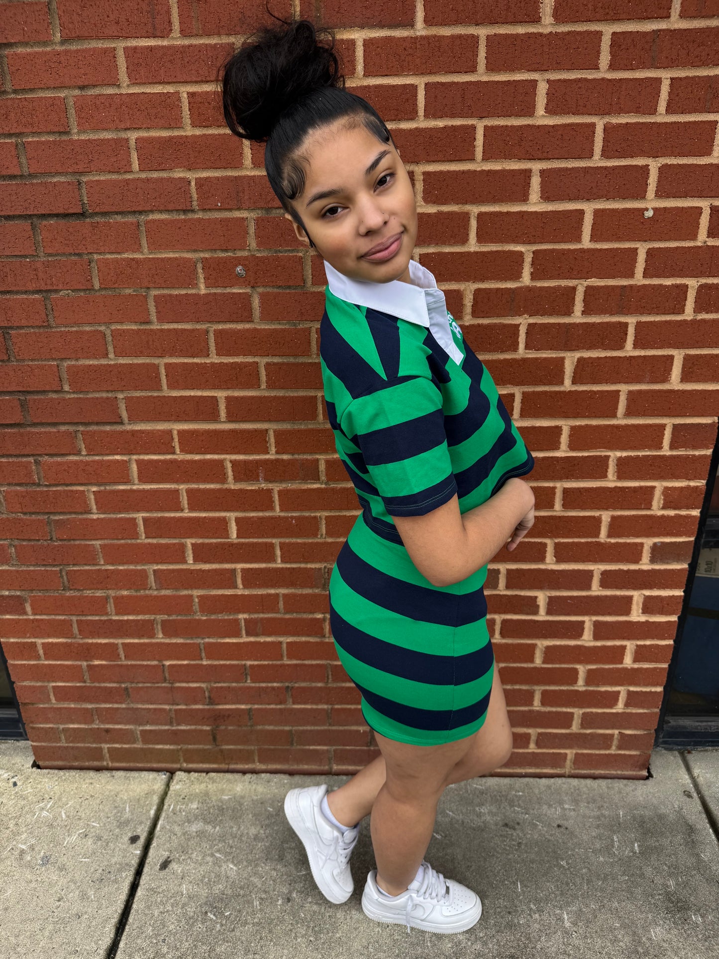 Striped Polo Style Skirt Set-Navy/Green