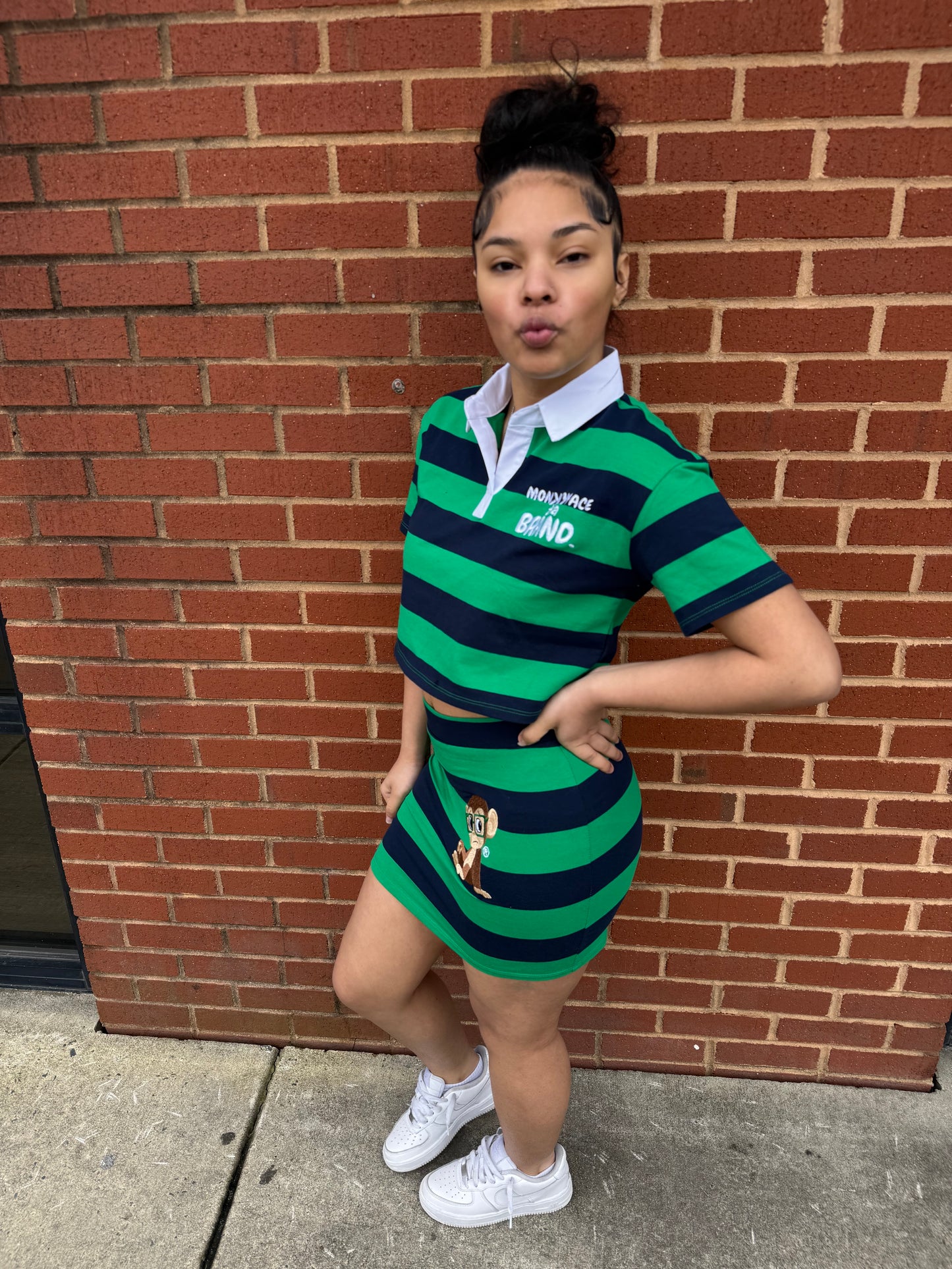 Striped Polo Style Skirt Set-Navy/Green