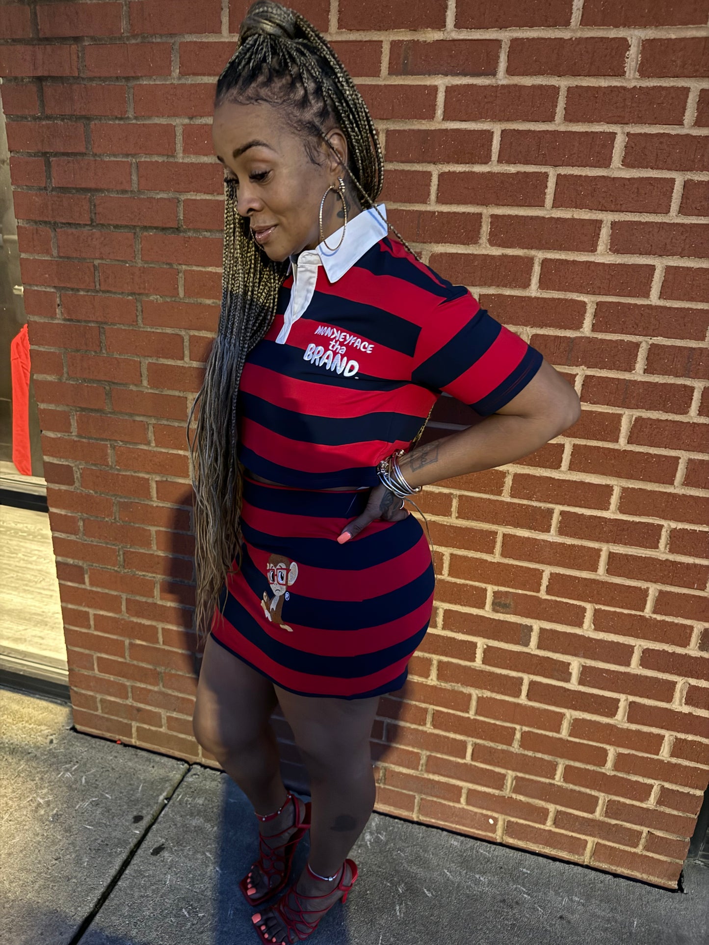 Striped Polo Style Skirt Set-Navy/Red