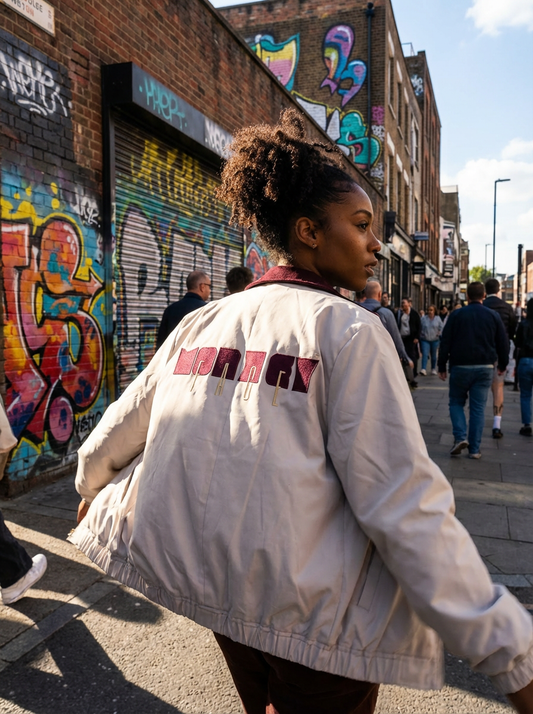 Burgundy Collar Bomber Jacket-Beige