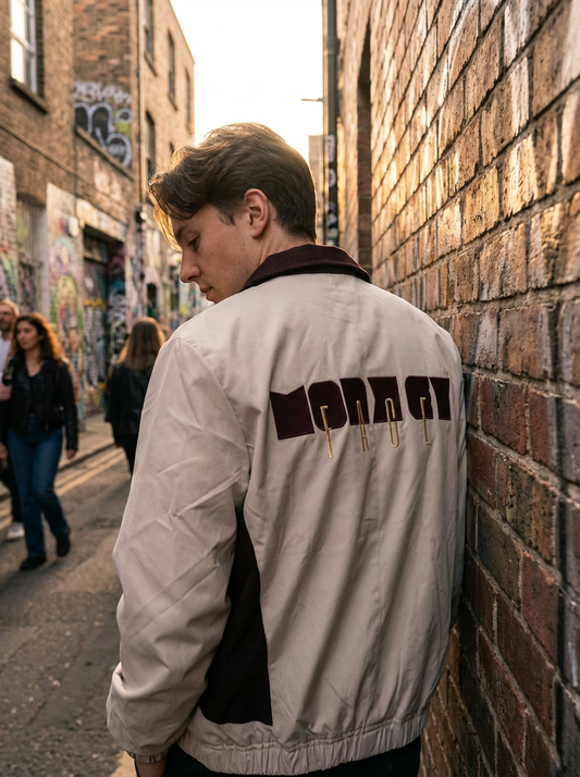 Burgundy Collar Bomber Jacket-Beige